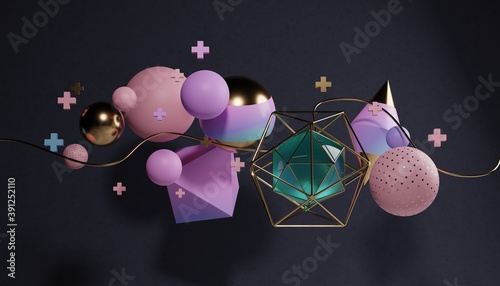 Cluster of abstract spheres and solids, gold, pink and teal, 3d render / rendering
