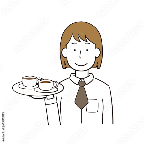 飲み物を運ぶ女性店員のイラスト