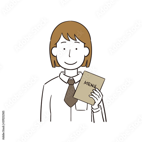 メニューを持つ女性店員のイラスト