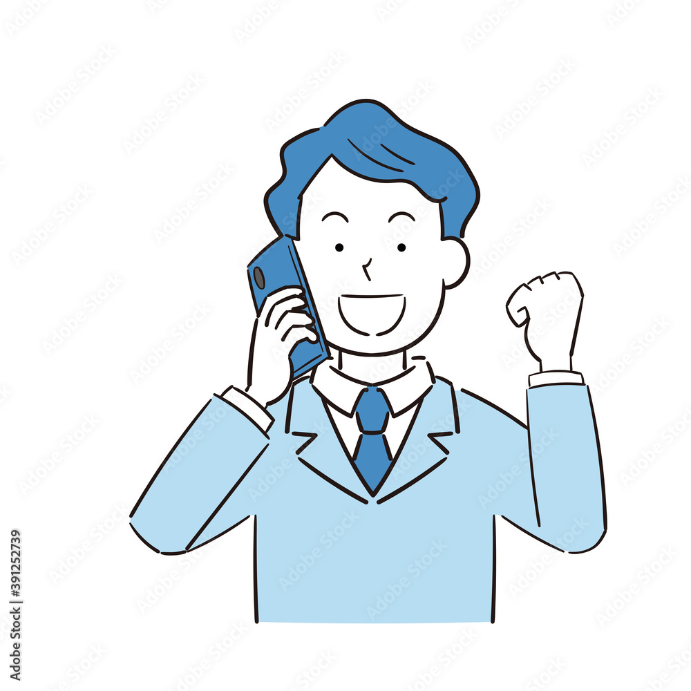 電話を受けて喜ぶ男性会社員のイラスト 電話を受けて喜ぶ男性会社員のイラスト