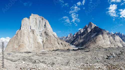 Panorama of mountains in Pakistan with Thunmo Cathedral and Biange peaks, K2 Base Camp trek, Baltoro glacier, Karakoram