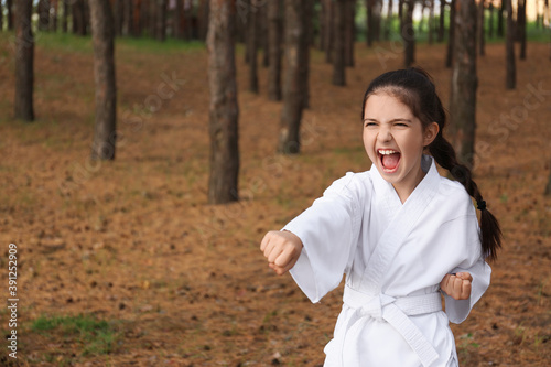 Canvas-taulu Cute little girl in kimono practicing karate in forest
