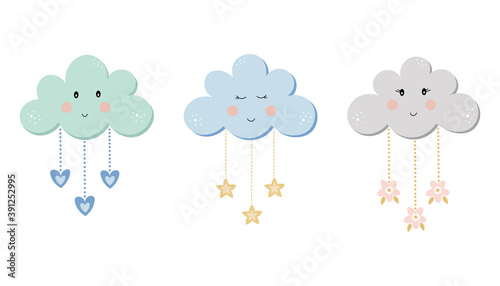 Colorful clouds set for kids. Children collection in pastel tender colors. Vector cartoon illustration. Suitable for baby shower, kids' clothes, prints, cards, posters, nursery, baby room etc.