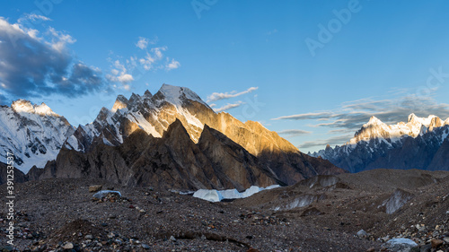 Panorama of Urdukas peak and Payu peak from Goro II campsite at sunrise, K2 base camp trek, Pakistan photo