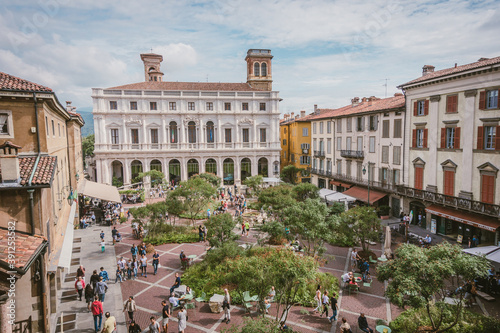 BERGAMO, ITALY - SEPTEMBER 8, 2019: Piazza Vecchia in old town, Bergamo, Italy - central point of Citta Alta