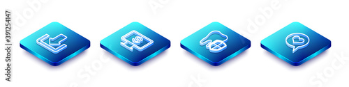 Set Isometric line Download, Monitor with dollar, Dental protection and Heart in speech bubble icon. Vector.