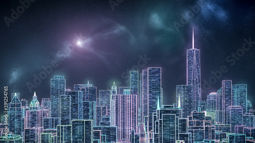 Photography Retrowave or synthwave New York city Manhattan skyline 3D rendering illustration