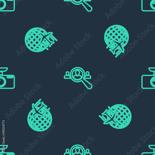 Set line Magnifying glass for search people, Globe with flying plane and Car DVR on seamless pattern. Vector.