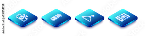 Set Isometric line Car DVR, Contactless payment, Mountains and flag and Barrel oil icon. Vector.