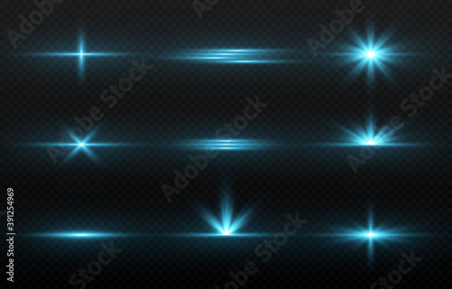 Blue light set. Blue glowing lines of light. Flash of light on isolated transparent background. PNG. Vector image.