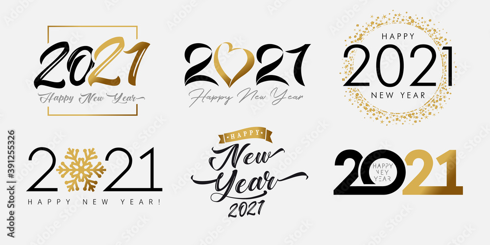 Big Set of 2021 Happy New Year gold and black logo with heart, snowflake and lettering. 20 & 21 number design template. Collection of 2021 Xmas symbols. Vector illustration with golden & black labels