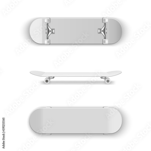 Skateboards with white surfaces in different angles. Riding, jumping sport equipment realistic set.