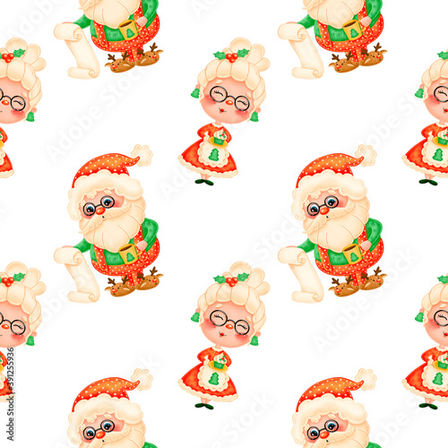 Cute cartoon christmas seamless pattern. Santa Claus and Mrs Claus seamless pattern.