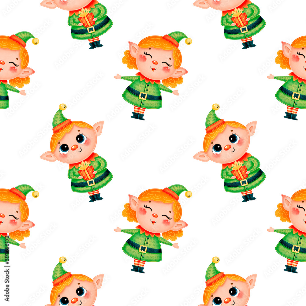 Cute cartoon christmas seamless pattern. Christmas elves seamless pattern.