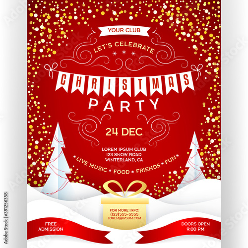 Poster for Christmas party. Red and gold colors invitation flyer with paper cut effect snowdrift, gift and glitter snowfall.