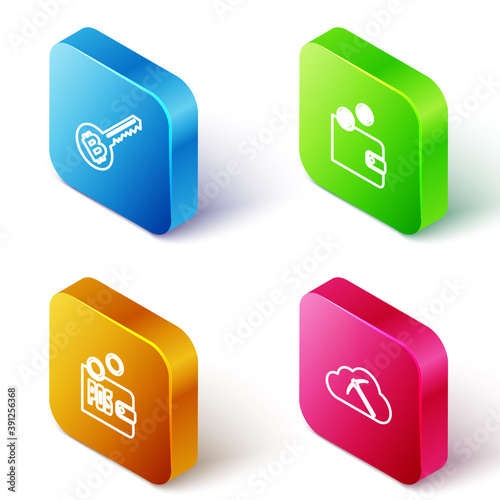 Set Isometric line Cryptocurrency key, wallet, Proof of stake and cloud mining icon. Vector.