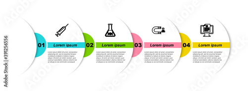 Set line Syringe, DNA research, search, Customer attracting and Clinical record on monitor. Business infographic template. Vector.