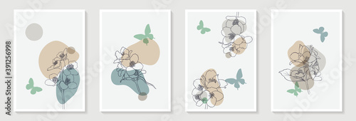 Set of creative minimalist hand draw illustrations floral outline, butterfly silhouette and pastel simple shape for wall decoration, postcard or brochure cover design