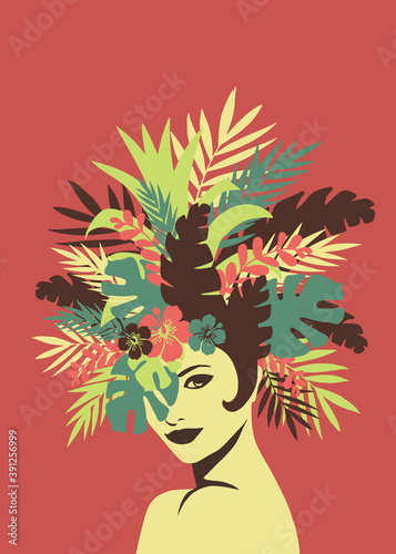 Woman silhouette wearing tropical foliage headpiece vector illustration