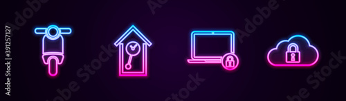 Set line Scooter, Retro wall watch, Laptop and lock and Cloud computing. Glowing neon icon. Vector.