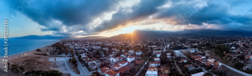 Drone view of sea in Asprovalta village at sunset photo