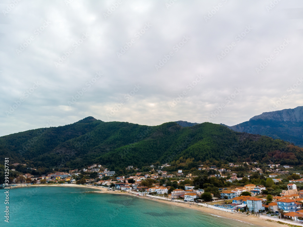 Aerial drone view of mountains in village in Thassos island