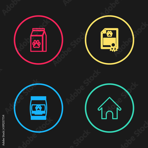 Set line Bag of food for pet, Dog house, Certificate dog cat and icon. Vector.