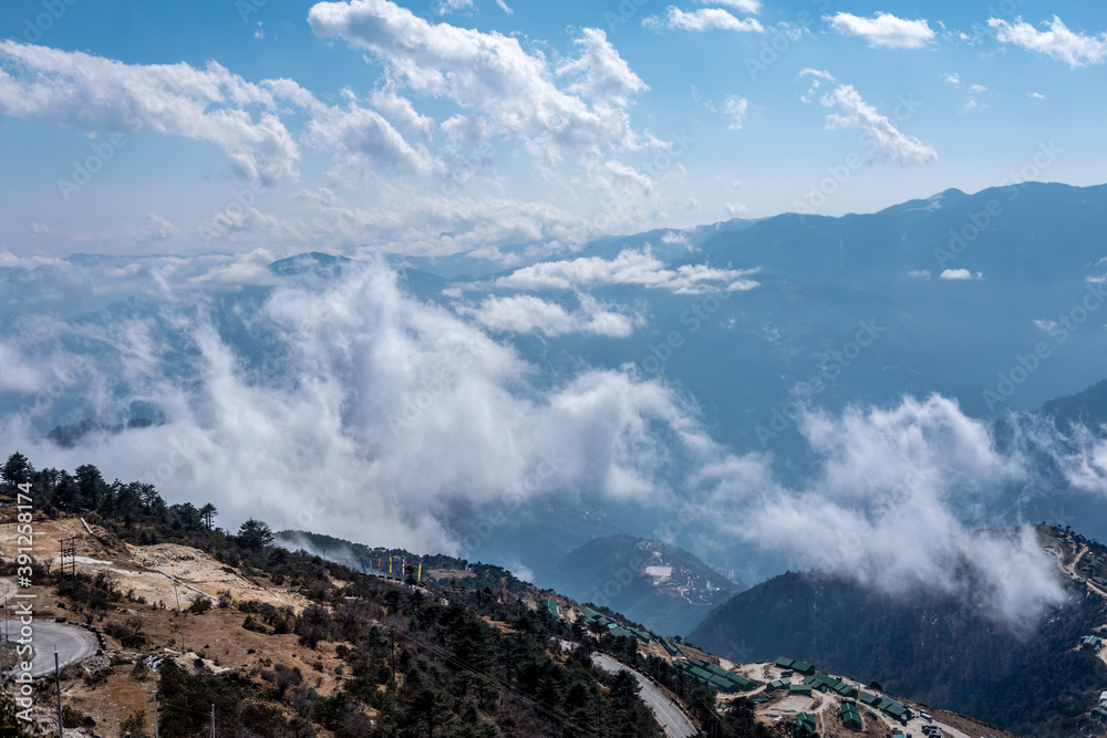 View from Mountains Sela Pass in Tawang, Arunachal Pradesh, India.