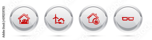 Set line Smart home, House with wind turbine, humidity and Glasses. Silver circle button. Vector.