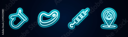 Set line Oven glove, Steak meat, Grilled shish kebab and Location with fire flame. Glowing neon icon. Vector.