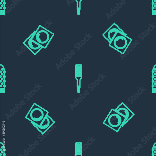 Set line Spanking paddle, Condoms package and Dildo vibrator on seamless pattern. Vector.