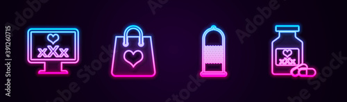 Set line Monitor with 18 plus content, Shopping bag heart, Condom safe sex and Bottle pills for potency. Glowing neon icon. Vector.