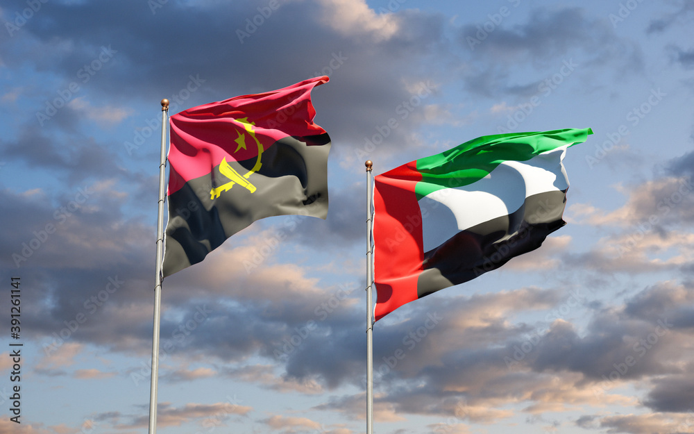 Beautiful national state flags of UAE United Arab Emirates and Angola together at the sky background. 3D artwork concept. Beautiful national state flags of UAE United Arab Emirates and Angola together at the sky background. 3D artwork concept.