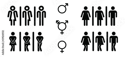 Toilets symbol. Transgender wc. Wc world toilet day. Bathroom or restroom icons. For people, woman, man or gender toilets. Flat vector sign. Pissing, peeing pictogram.
