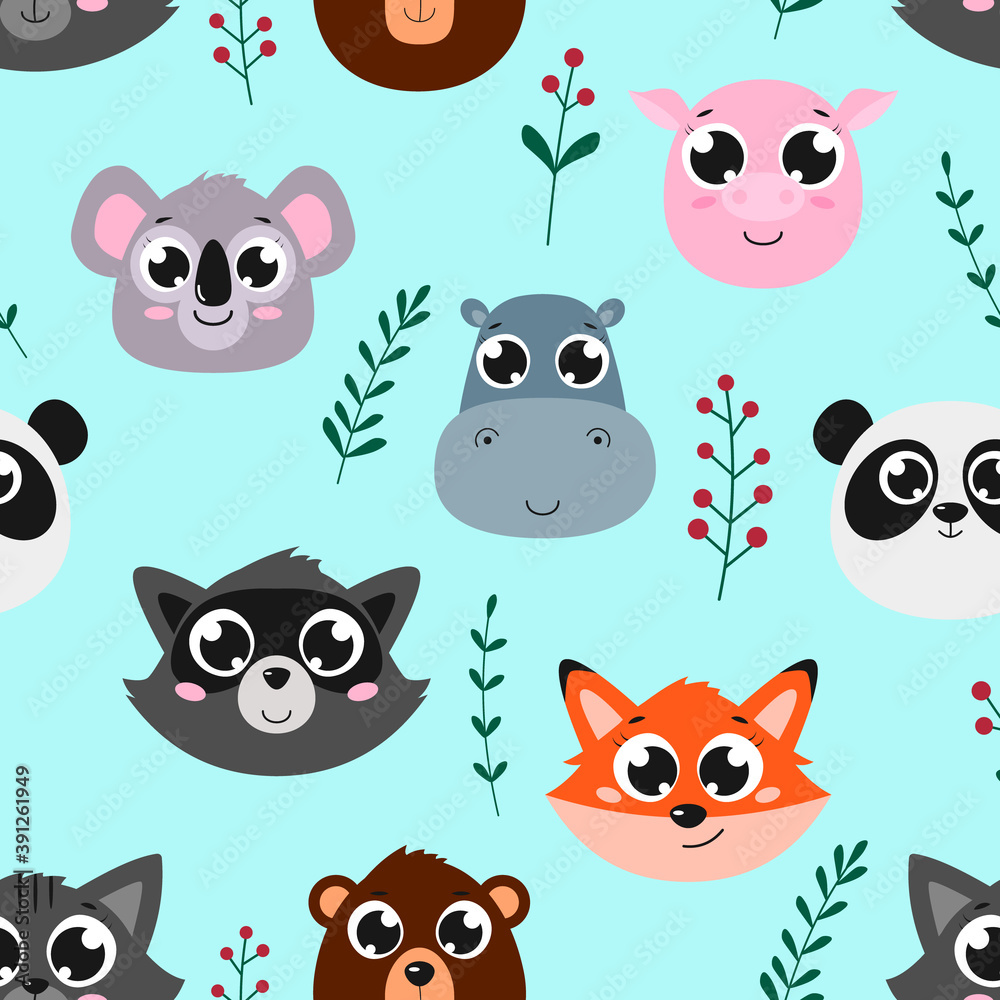Seamless pattern of cute animals. Vector cartoon background.