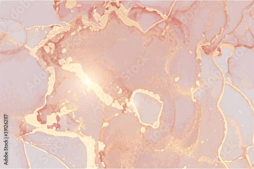 Rose, yellow and gold stone marble texture. Abstract vector background in alcohol ink technique. Modern paint with glitter. Template for banner, poster design. Fluid art painting