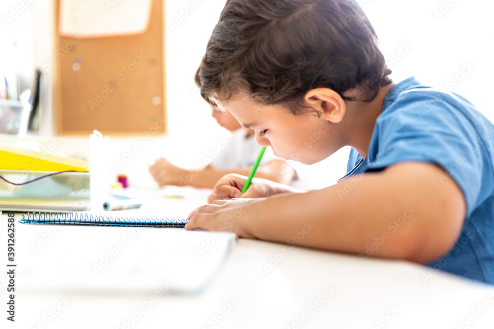 Two boys studying and doing homework sitting at their desk in their bedroom at home Two boys studying and doing homework sitting at their desk in their bedroom at home