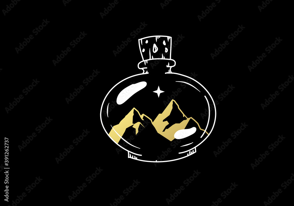Obraz premium mountain and star in the bottle. Hand drawn, boho, luxury style. Black and white gold color. Spiritual guidance, tarot readers, tattoos, travelers