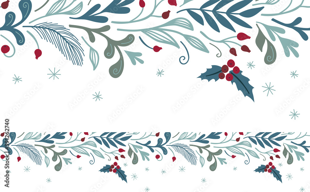 Christmas horizontal border with winter flora. Vector floral template, holiday banner.