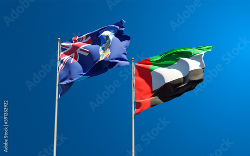 Beautiful national state flags of Falkland Islands and UAE United Arab Emirates together at the sky background. 3D artwork concept.