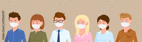 Cartoon character side view portrait man and woman wearing medical masks protecting disease, flu vector illustration set. Group of male and female people preventing corona virus infection