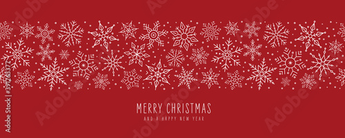 Merry Christmas greetings card snowflakes banner red background