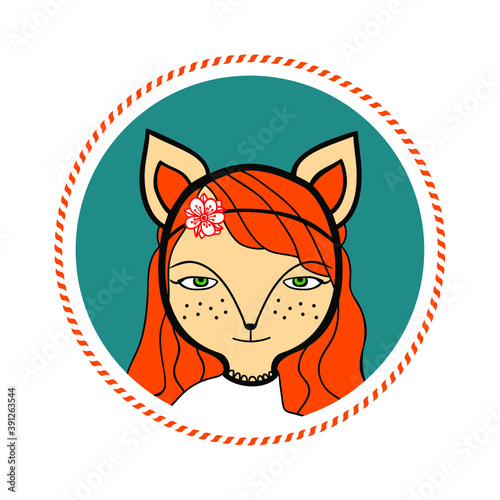 Redhead foxface girl avatar in circle frame. Hand drawn vector icon. Female with ginger hair, fox's nose, ears. graphical illustration of user representation, alter ego, social media character
