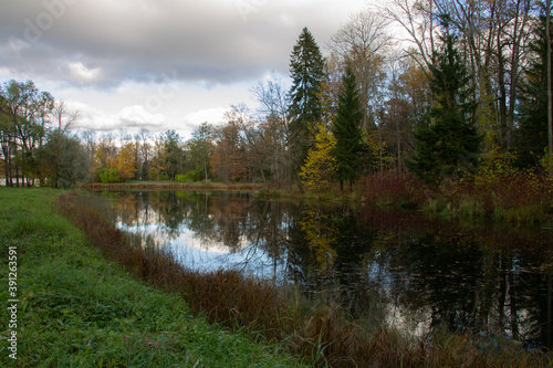 autumn landscape forest lake surrounded by colorful trees