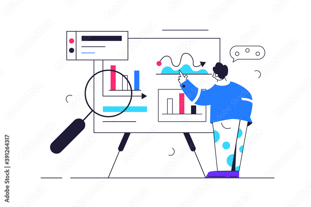Guy studying data on a big board with graphs and data, large magnifier isolated on white background, flat vector illustration Guy studying data on a big board with graphs and data, large magnifier isolated on white background, flat vector illustration