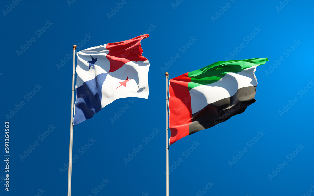 Beautiful national state flags of Panama and UAE United Arab Emirates together at the sky background. 3D artwork concept.