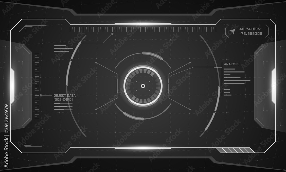 VR HUD digital futuristic interface cyberpunk screen design. Sci-fi virtual reality technology view head up display. Digital technology GUI UI dashboard panel vector black and white illustration