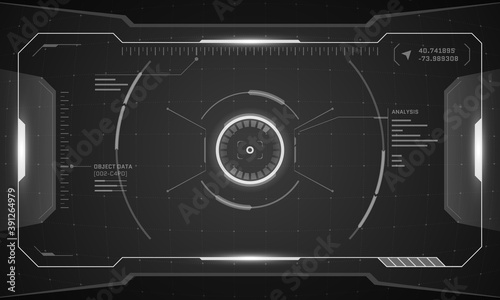 VR HUD digital futuristic interface cyberpunk screen design. Sci-fi virtual reality technology view head up display. Digital technology GUI UI dashboard panel vector black and white illustration