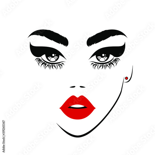 Woman beautiful face, sexy luxurious eyes with perfectly shaped eyebrows and full lashes. Red lips, sexy kiss, flat style, vector illustration. Beauty logo. Element design, isolated on white.