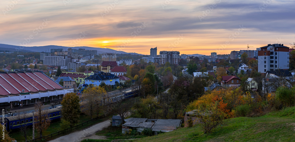 Fototapeta premium Panorama of the city of Truskavets at sunset. Balneological resort Truskavets city, Lviv region, Ukraine.